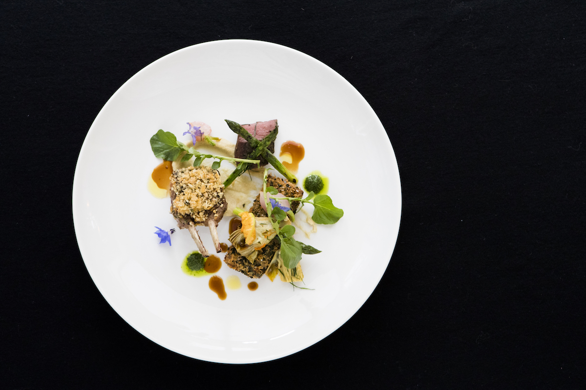 Hopgood's Restaurant dish: Silver Fern Farms lamb double cutlet and slow cooked shoulder with artichokes, asparagus, salted grapes and capers. 