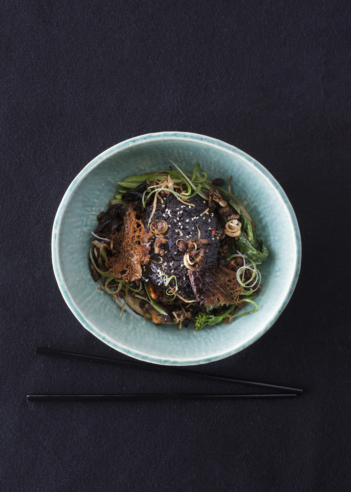 White + Wong's dish: Silver Fern Farms master stock braised beef cheek, eggplant miso and burnt butter puree, wok fried mushrooms with chilli and black vinegar, choi sum and crispy tripe. 