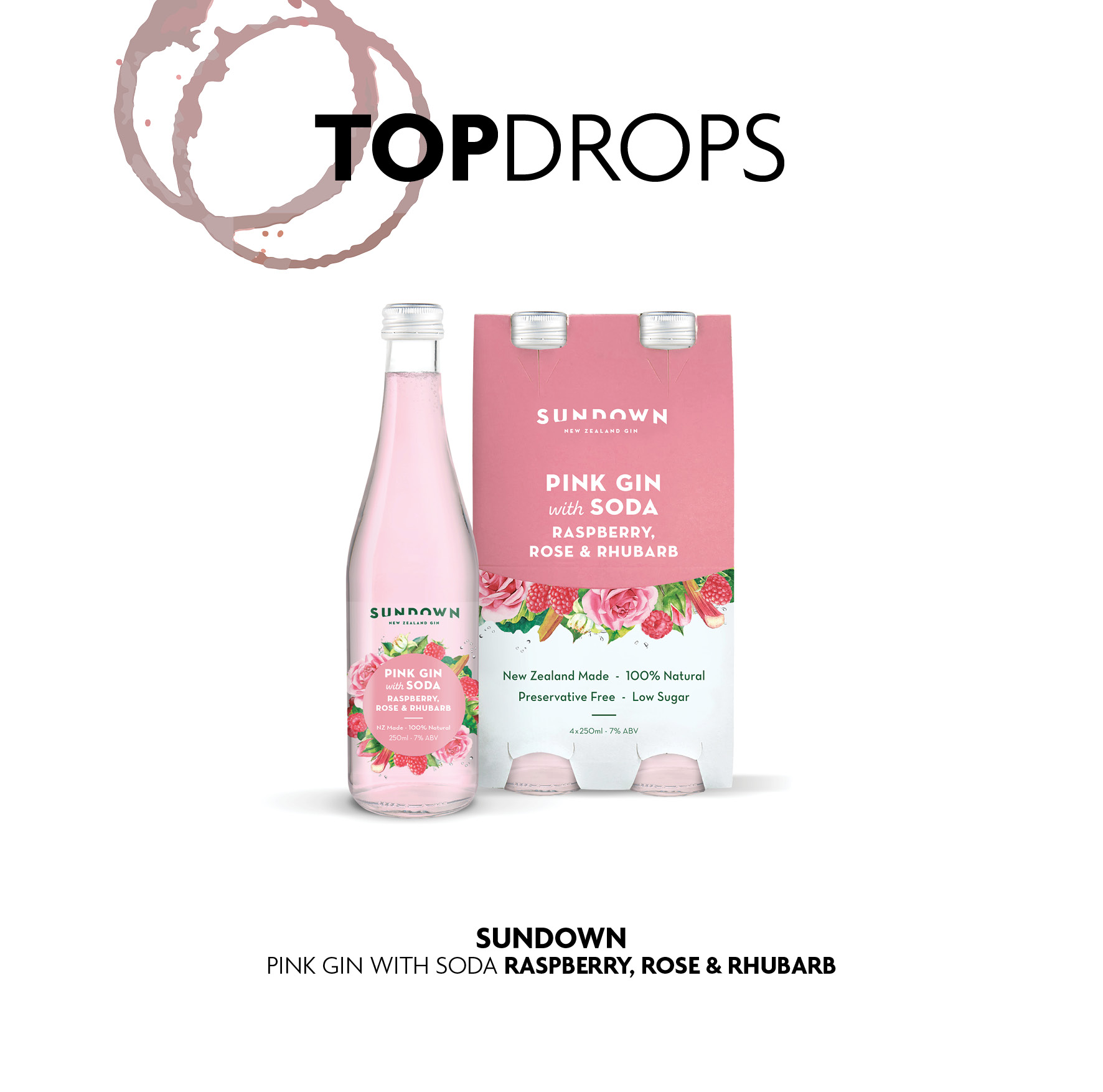 Sundown Gin's pink variant with the top drops header logo