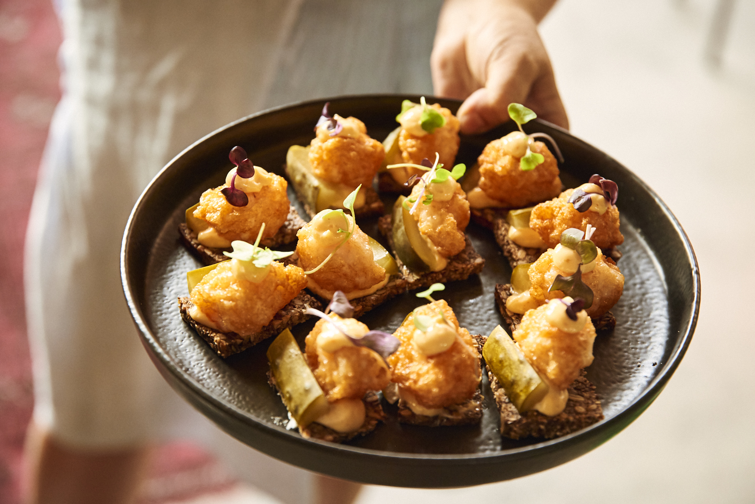 Toasted freedom bread, prawn mousse, sriracha, Spicy McClures pickle credit IVDM Photography