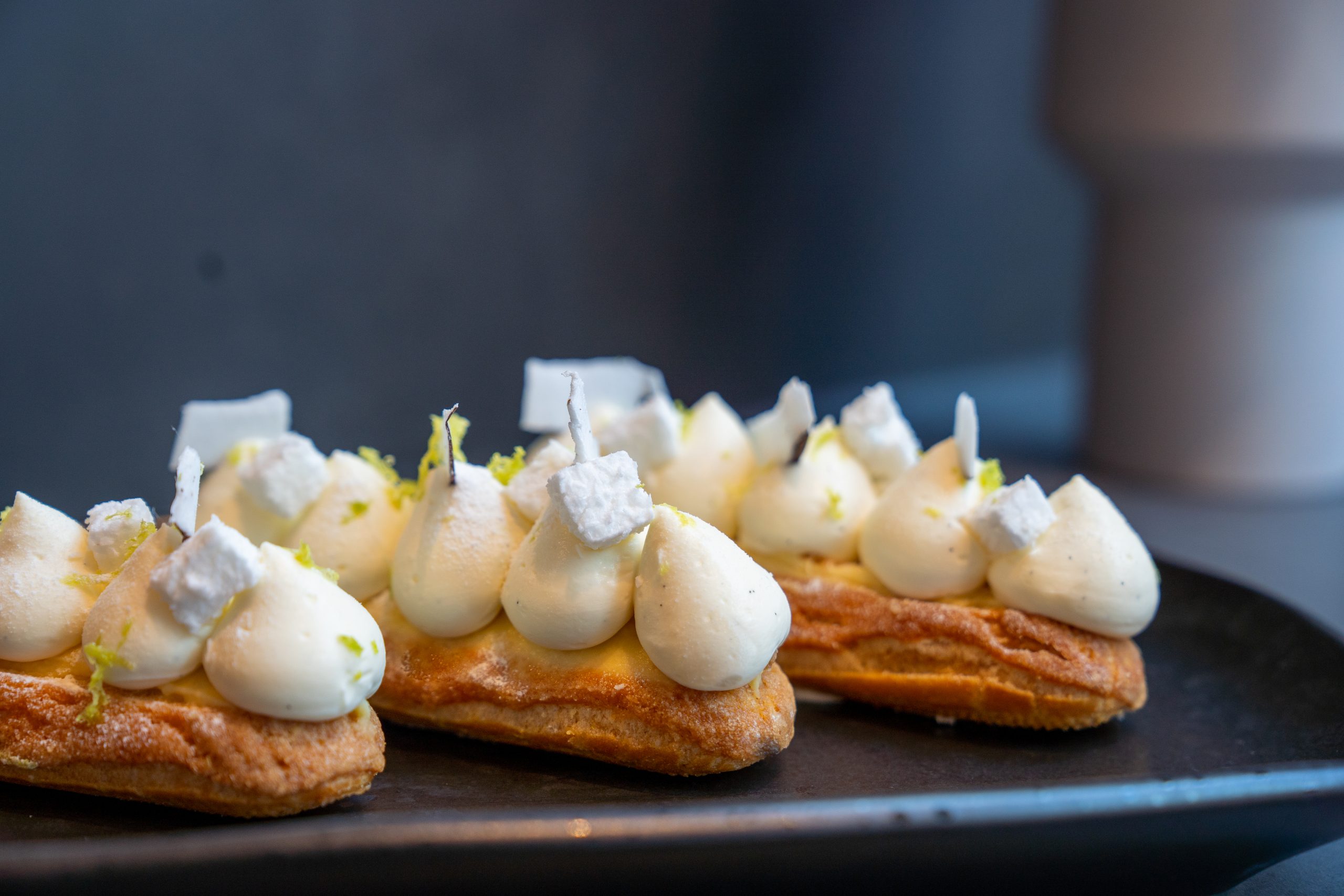 Durian and coconut Eclair Durian curd-coconut chantilly-baby coconut marshmallows