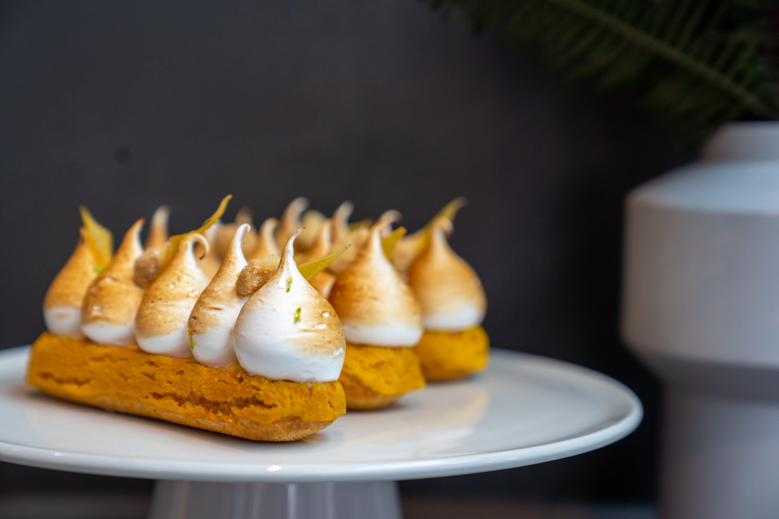 Lemon meringue Eclairs Lemon curd-sour lime gel-tirched italian meringue