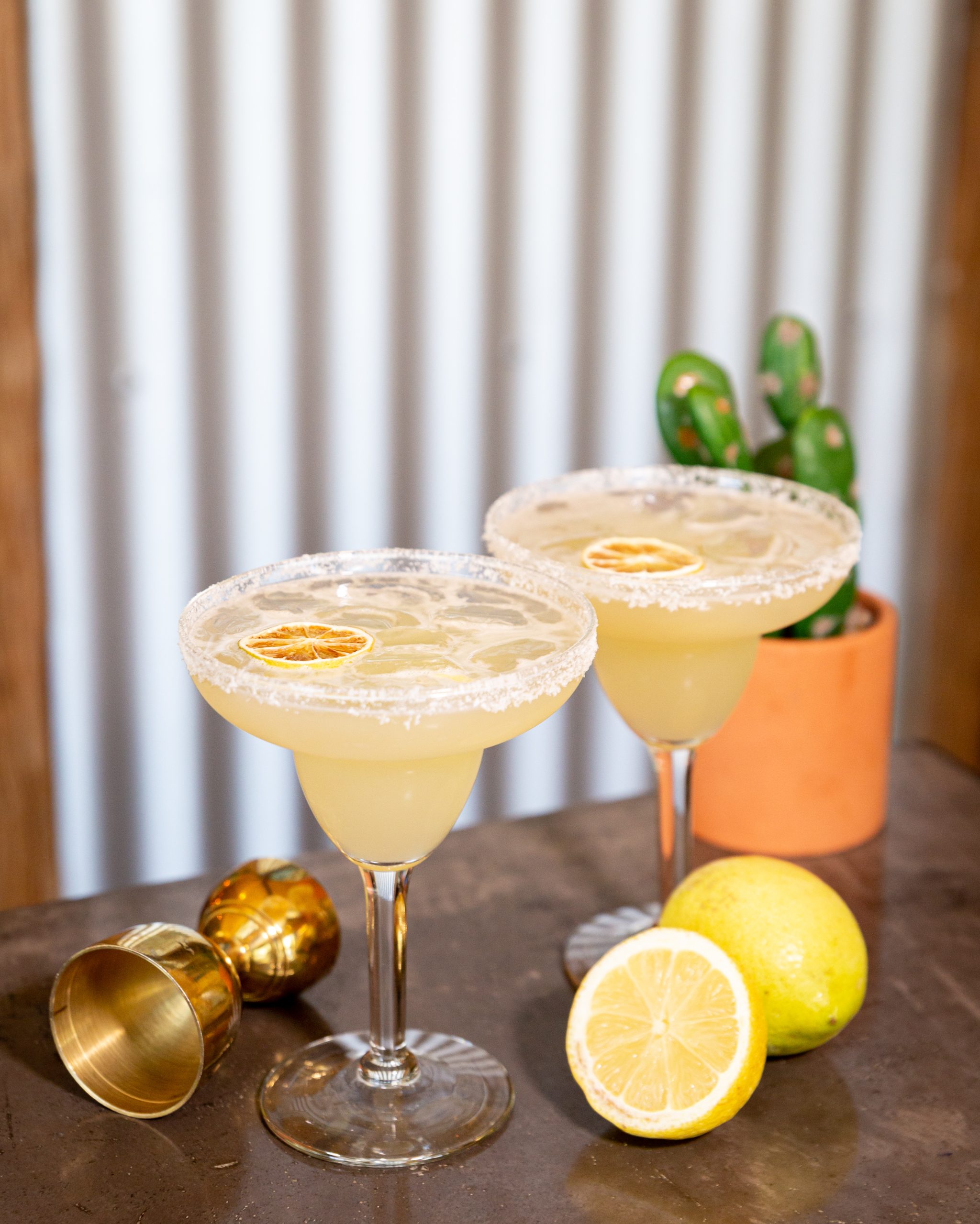 two margaritas in glass on table with a cut lemon next to it and a small cactus in pot behind