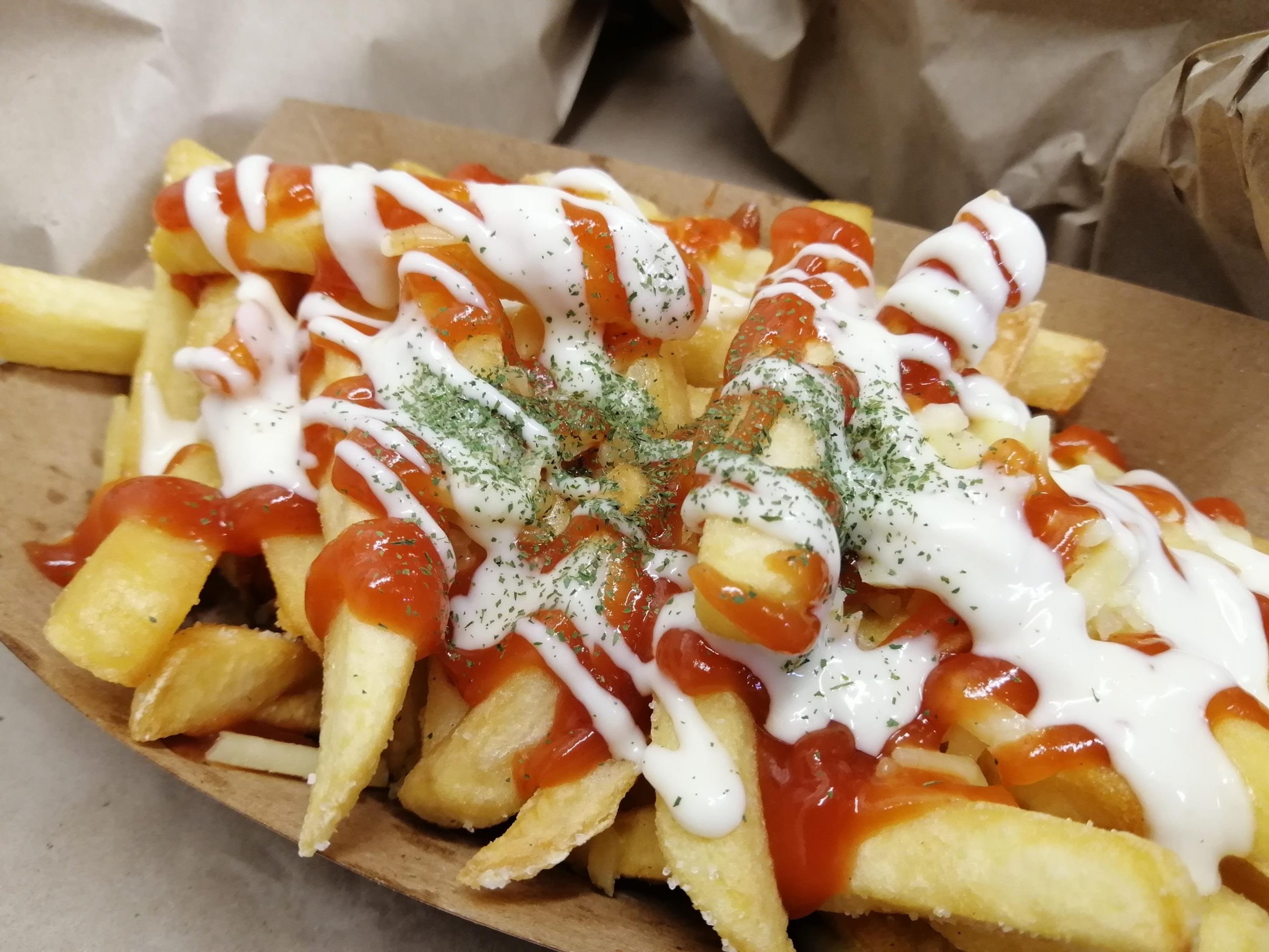 potato fries in paper tray drizzled in teriyaki sauce and mayonaise