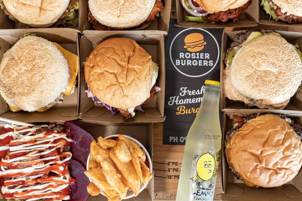 Birds eye view of burgers and drinks
