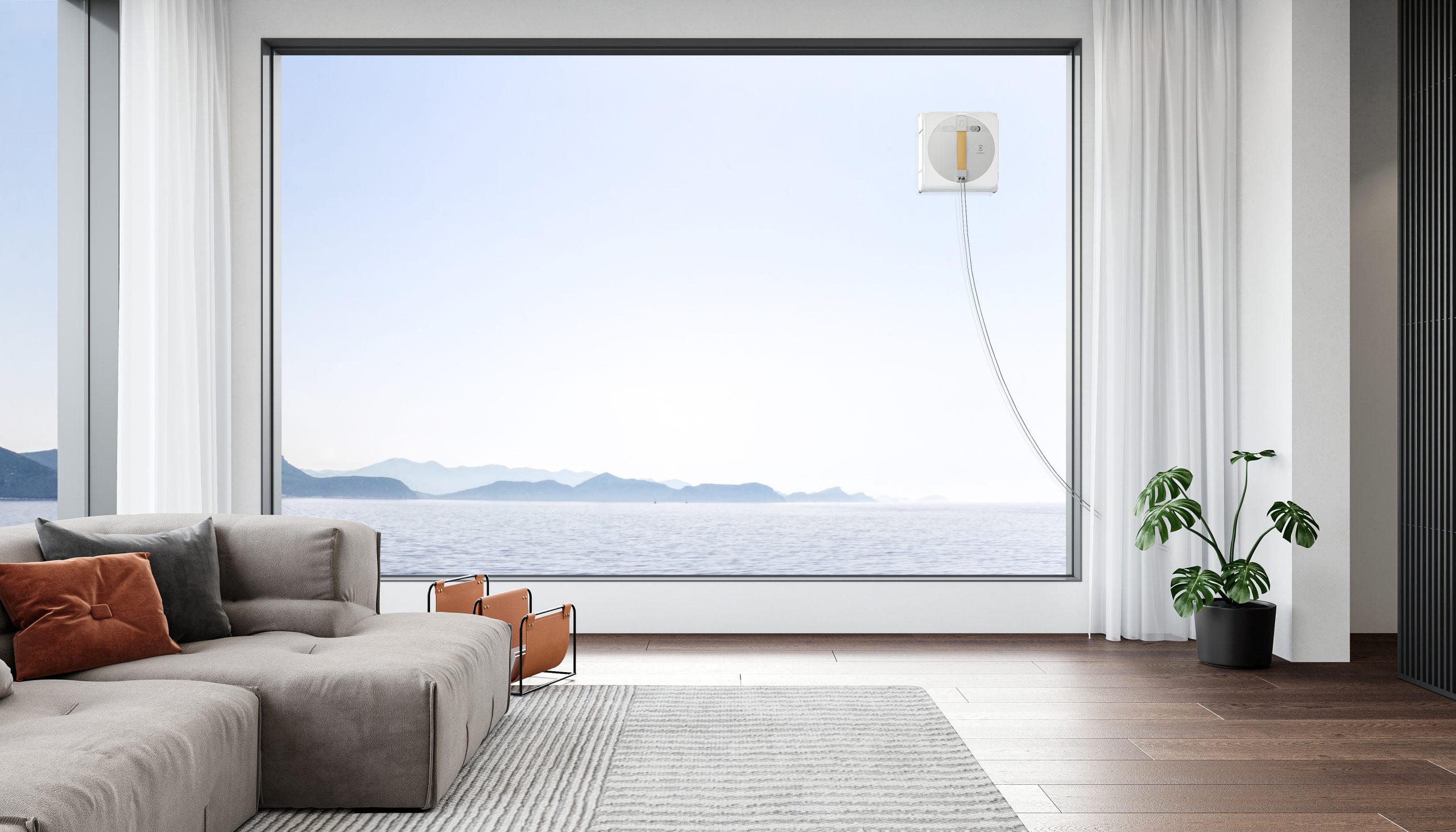 Landscape image of WINBOT W1 PRO cleaning a large window with a scenic lake view.