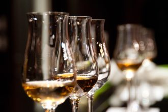 Landscape image of three Whisky Tasting glasses all with tasting samples